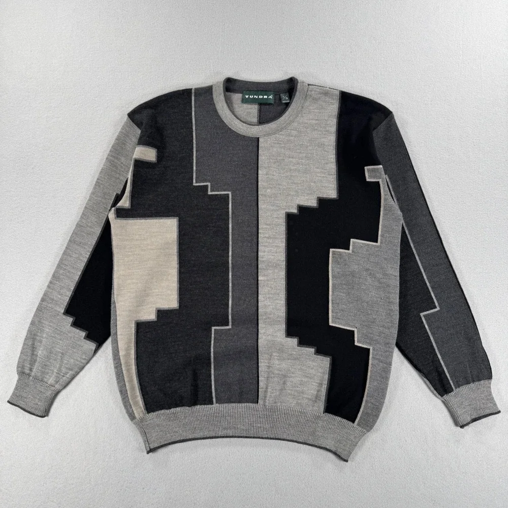 Tundra Sweater Geometric Colorblock Large Grey Black Merino Wool Canada Made